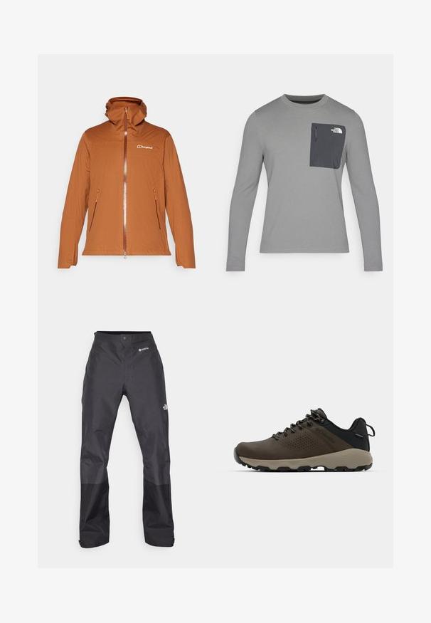 Smeđa jakna na zatvaranje s kapuljačom, s dva bočna džepa, teksturiranom tkaninom i kontrastnim narančastim patentnim zatvaračem i detaljima. Logo prikazan na prsima.; Siva košulja dugih rukava od teksturiranog materijala, s tamnosivom džepom na prsima i zatvaranjem na patentni zatvarač. Na džepu je logo u bijeloj boji.; Crne vodootporne hlače s glatkom teksturom, s GORE-TEX logotipom sprijeda i ojačanim donjim dijelovima nogavica za izdržljivost.; Smeđe vodootporne tenisice s teksturiranom gornjom i perforiranim detaljima, crnom potporom za petu i sivim gumiranim potplatom. Čipke su stilizirane s metalnim krajevima.