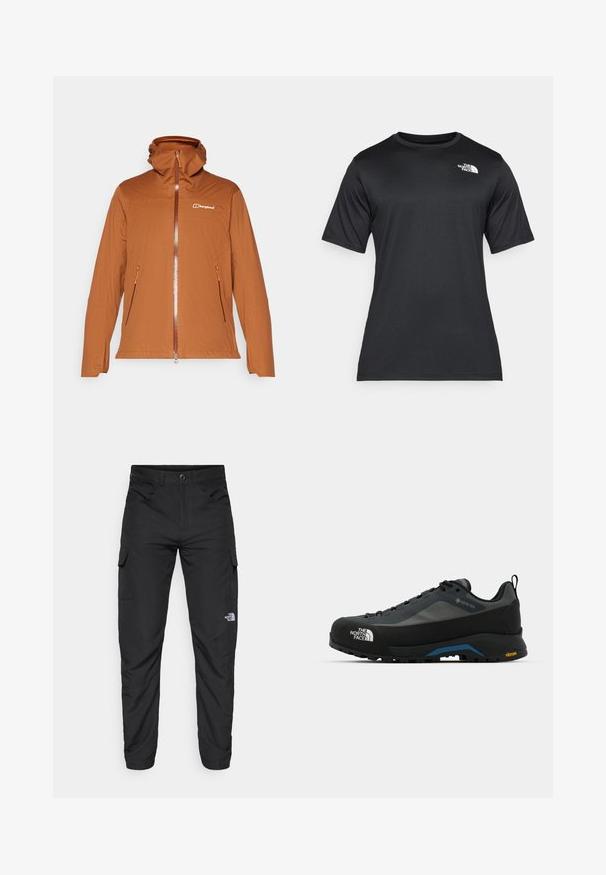 Braune Zip-Jacke mit Kapuze, ausgestattet mit zwei Seitentaschen, einem strukturierten Stoff und einem kontrastierenden orangefarbenen Reißverschluss sowie Akzenten. Logo auf der Brust.; Schwarzes Kurzarm-T-Shirt aus leichtem, feuchtigkeitsableitendem Material. Mit einem weißen Logo auf der linken Brust und einem Rundhalsauschnitt.; The North Face HORIZON PANT - Outdoor-Hose - black; The North Face VERTO ALPINE GORE TEX - Hikingschuh - asphalt grey/tnf black