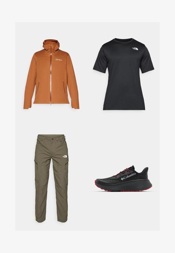 Barna, kapucnis, cipzáros dzseki, két oldalsó zsebbel, texturált anyagból, kontrasztos narancssárga cipzárral és díszítéssel. Logó a mellkason.; Fekete, rövid ujjú póló, könnyű, nedvességelvezető anyagból készült. Bal oldalon fehér logóval rendelkezik, és kerek nyakú.; Olíva zöld kültéri nadrág könnyű anyagból, cargo zsebekkel, cipzáras díszítéssel, és logóval a comb felső részén.; Fekete sportcipő texturált felsőrésszel, piros fűzőkkel és logóval. Vastag talp, mintás járófelülettel a tapadásért. Minimalista dizájn, oldalnézet.