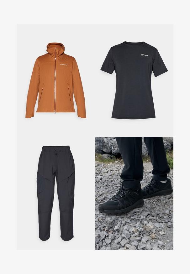 Braune Zip-Jacke mit Kapuze, ausgestattet mit zwei Seitentaschen, einem strukturierten Stoff und einem kontrastierenden orangefarbenen Reißverschluss sowie Akzenten. Logo auf der Brust.; Berghaus DELTA TEE - Sport T-Shirt - black; Schwarze Cargo-Hosen aus leichtem, wasserabweisendem Material; verfügen über einen elastischen Bund, mehrere Reißverschlusstaschen und schmal zulaufende Beine.; Schwarze Outdoor-Schuhe aus Mesh und synthetischem Material, mit einer strukturierten Oberseite, gesichertem Schnürsystem und griffiger Laufsohle, auf felsigem Gelände.