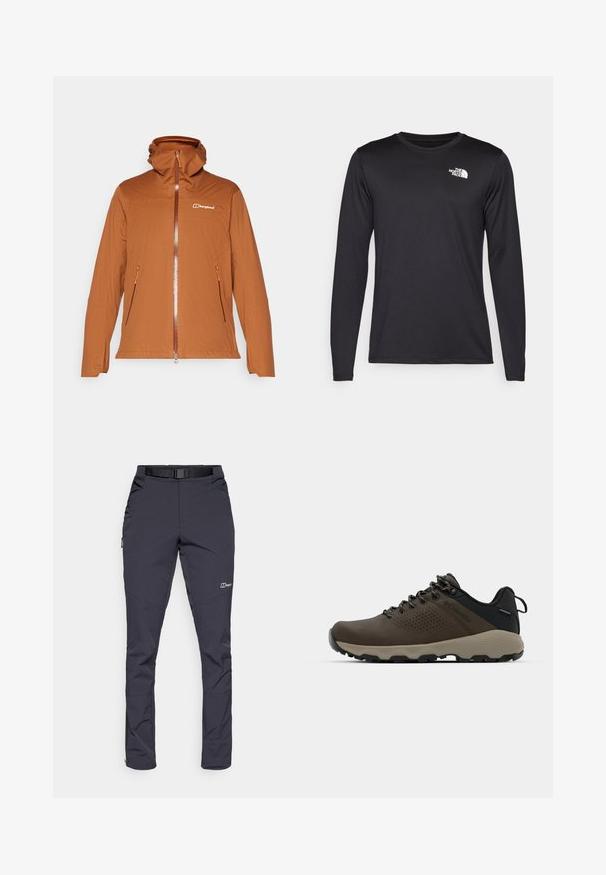 Smeđa jakna na zatvaranje s kapuljačom, s dva bočna džepa, teksturiranom tkaninom i kontrastnim narančastim patentnim zatvaračem i detaljima. Logo prikazan na prsima.; Crna majica s dugim rukavima za performanse, napravljena od laganog materijala, s bijelim logotipom na gornjoj lijevoj strani prsnog koša. Glatka tekstura.; Hlače otporne na vodu u tamno sivoj boji, izrađene od izdržljive tkanine. Karakteristike uključuju pojas, bočne džepove i otvorima na gležnjevima sa patentnim zatvaračem.; Smeđe vodootporne tenisice s teksturiranom gornjom i perforiranim detaljima, crnom potporom za petu i sivim gumiranim potplatom. Čipke su stilizirane s metalnim krajevima.