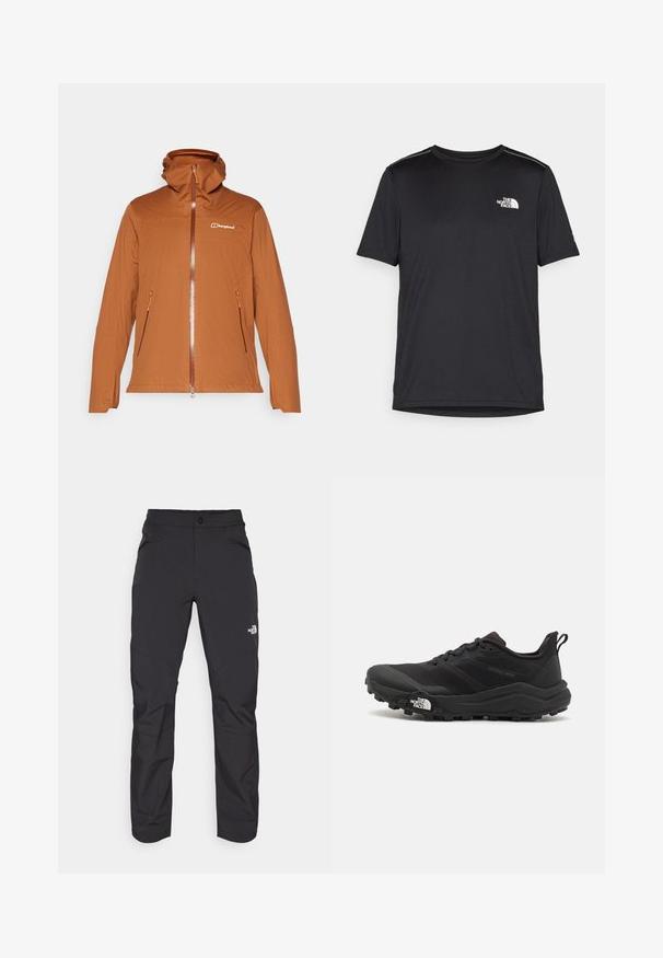 Brun zip-up jacka med en huva, som har två sidofickor, en texturerad tyg och kontrasterande orange dragkedja och detaljer. Logotypen visas på bröstet.; Svart kortärmad T-shirt i lättviktig tyg. Har en liten vit logotyp på vänster bröst och subtila axeltoner.; Svarta utomhusbyxor med en dragkedja framtill, syntetiskt material, avsmalnande ben och förstärkta knäpaneler. Har en knappstängning.; Svart terränglöparsko med en strukturerad ovandel, gummisula och förstärkt tåhätta. Har en vadderad krage och en dragflik för enkel påtagning.