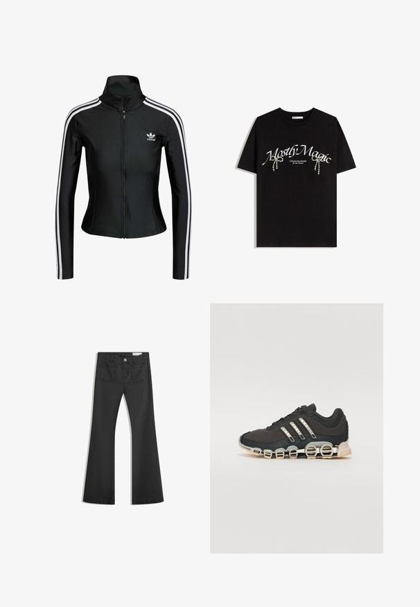 Fekete cipzáros dzseki sima anyagból, fehér háromsávos díszítéssel az ujjakon és egy kis fehér Adidas logóval a mellrészen.; Fekete pamut póló, melyen fehér "Mostly Magic" felirat látható, valamint díszes gyöngy részletekkel van díszítve. Rövid ujjak, laza fit, kerek nyakú.; Fekete, sima textúrájú farmer flare nadrág, két hátsó zsebbel és gombos derékkal.; Fekete sportcipő texturált felsőrésszel, három ezüst csíkkal, és egy jellegzetes párnázott talppal, amely több integrált szakaszból áll.