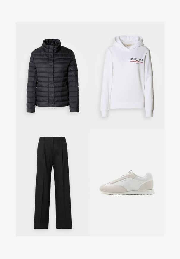 Musthave musta puffer-jakk, millel on kõrge krae, nupuga kinnitused ja horisontaalne tikand. Materjal näeb välja kerge ja veekindel.; Valge kapuutsiga sviiter, mis on valmistatud pehmest kangast, esiküljel on logo "GANT 1949" ja punase/sinise triibuliselt esitlemine, pikkade varrukatega ja reguleeritava kapuutsiga.; Mustad kohandatud püksid sirge jala kujundusega, teravate voltidega ja siledast tekstuurist. Valmistatud kergetest kangastest.; Heledad värvi tenniset, mis on valmistatud valgest nahast ja beežist seemisnahast, tekstuurse tallaga ja minimaalse brändingu kujundusega küljes.
