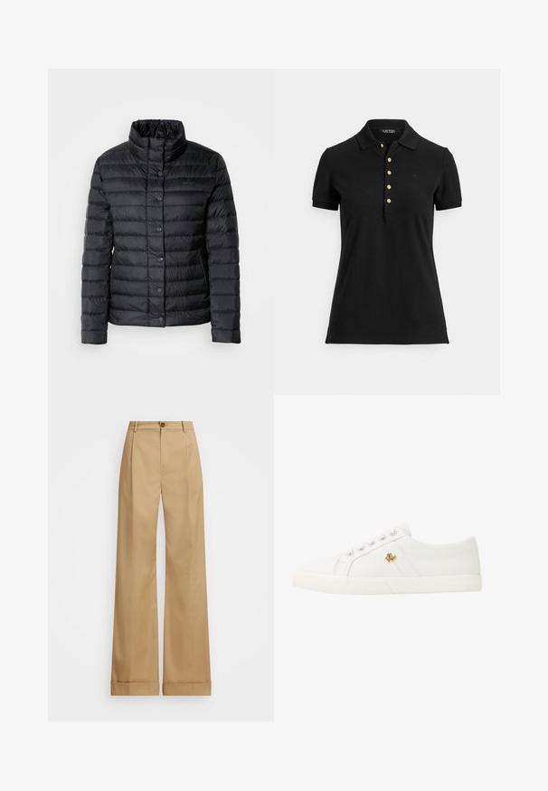Chaqueta de plumas negra con cuello alto, cierres de botones y patrón de acolchado horizontal. El material parece ligero y resistente al agua.; Polo negro de tela texturizada, con cuello, mangas cortas y una tapeta con botones dorados. Detalle sutil del logo en el pecho.; Pantalones de pierna ancha beige con cierre de botón, que presentan una textura suave y pliegues planchados. Dobladillos con puños para un detalle adicional.; Lauren Ralph Lauren JANSON II CANVAS SNEAKER - Zapatillas - optic white