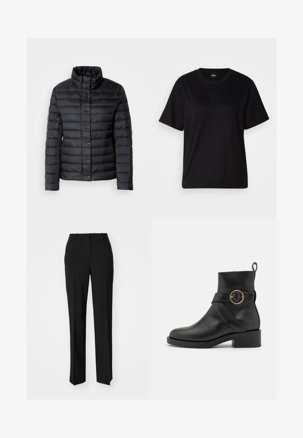 Black puffer jacket with a high collar, button closures, and horizontal quilted pattern. Material appears lightweight and water-resistant.; Black cotton t-shirt with a crew neckline, short sleeves, and an embroidered logo on the chest. Simple, relaxed fit with no patterns.; Black tailored trousers with a straight-leg design, featuring a smooth texture and crisp creases along the front. No visible hardware.; BOSS IRYNA BOOTIE - Platform ankle boots - black