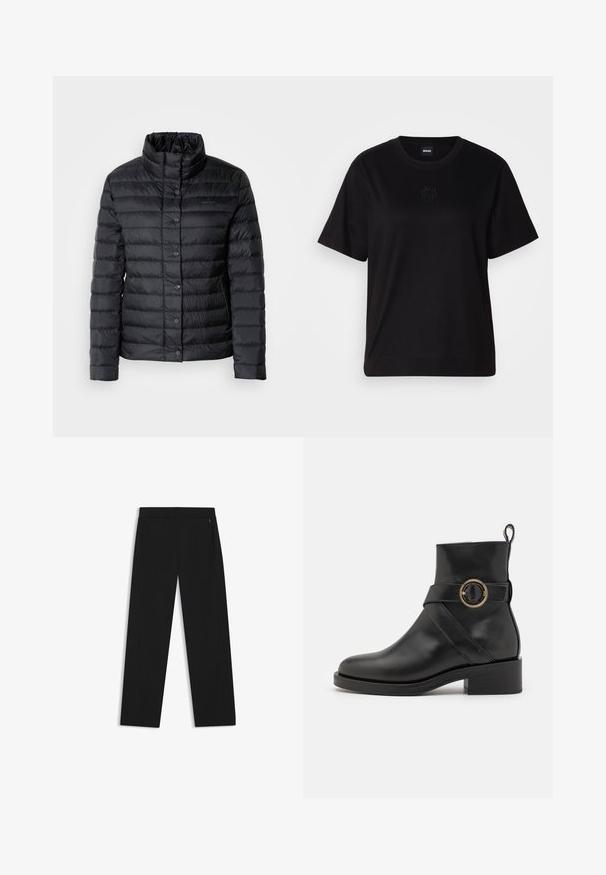 Veste col montant noire en duvet avec des fermetures à boutons et un motif matelassé horizontal. Le matériau semble léger et résistant à l'eau.; T-shirt en coton noir avec un col rond, des manches courtes et un logo brodé sur la poitrine. Coupe simple et décontractée sans motifs.; Pantalons larges noirs en tissu lisse, dotés de poches latérales et d'une taille plate à l'avant pour un look épuré.; BOSS IRYNA BOOTIE - Bottines à plateau - black