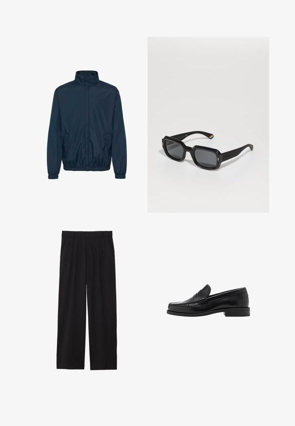 Marineblauwe windbreakerjas met een hoge kraag, elastische boorden en twee zijzakken, gemaakt van een gladde, lichte stof.; Zwarte trui, ronde halslijn, lange mouwen, geribbelde manchetten en zoom, zachte textuur, effen kleur, minimalistisch ontwerp.; Zwarte wijde broek met geplooide voorkant, zijzakken en een gladde stoftextuur. Ontworpen voor een ontspannen pasvorm.; Zwarte leren instappers met een gladde afwerking, gestikte details op de neus en een lage hakontwerp voor comfort en stijl.; Zwarte rechthoekige zonnebril met donkere lenzen, dikke randen, gouden accenten en een regenbooggestreepte detail op de arm.