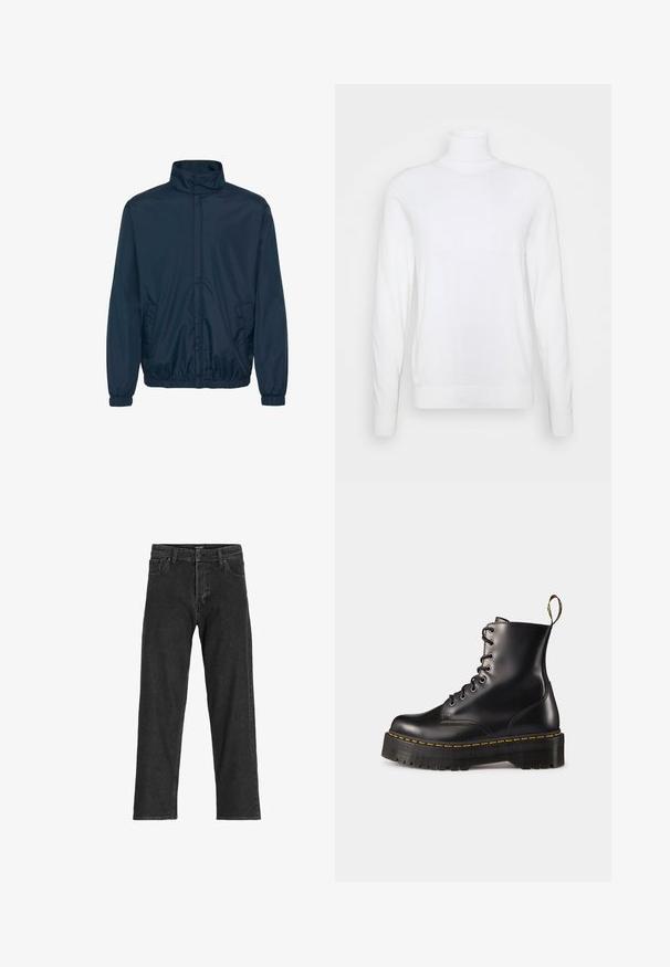 Marineblauwe windbreakerjas met een hoge kraag, elastische boorden en twee zijzakken, gemaakt van een gladde, lichte stof.; Witte coltrui met lange mouwen, gemaakt van een zachte stof. Heeft een aansluitend ontwerp en geribde manchetten en zoom. Geen patronen of accenten.; Zwarte spijkerbroek met een recht model, voorzien van een rits, riemlussen en zes zakken, gemaakt van een stevige katoenmix.; Zwarte leren veterschoenen tot de enkel met een robuuste zwarte zool en gele stiksels. Kenmerkend zijn de trekloop aan de achterkant en de ronde metalen oogjes.