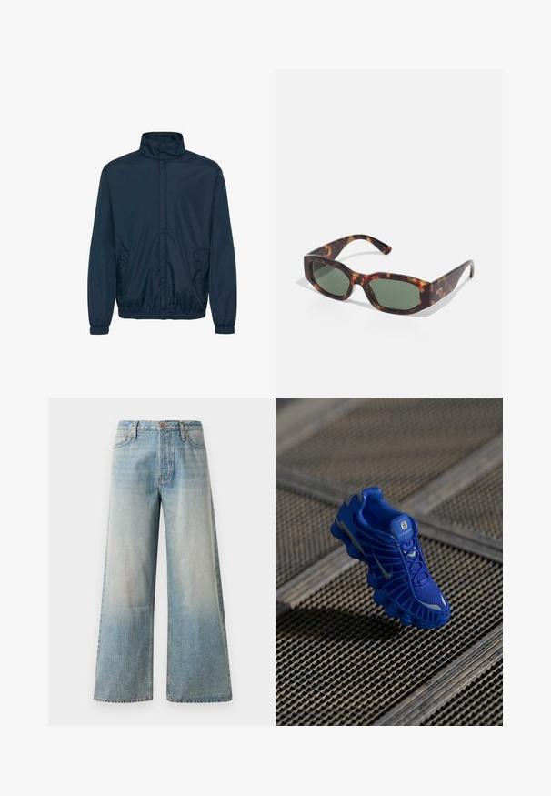 Marineblauwe windbreakerjas met een hoge kraag, elastische boorden en twee zijzakken, gemaakt van een gladde, lichte stof.; Groen kabelgebreide pullover met hoge kraag en een kwart-rits sluiting. Beschikt over ribgebreide boorden en een zoom, en een klein logo op de mouw.; Lichtblauwe wijde denim jeans. Kenmerken zijn een hoge taille, knoopsluiting en subtiele vervaging met een soepele textuur en gestikte naden.; Blauwe sportschoen met een bovenwerk van mesh, een gestructureerd ontwerp en een opvallende zool met duidelijke dempingselementen en reflecterende accenten.; Schildpadbril met rechthoekige groene lenzen, brede montuur en dikke pootjes. Beschikt over een slank ontwerp en een gladde kunststof textuur.