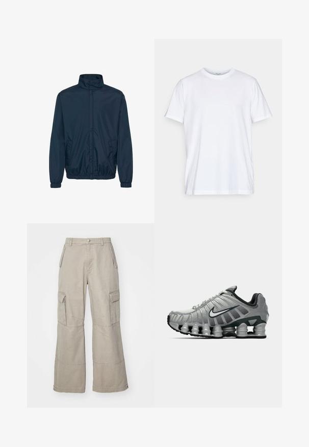 Navy blue windbreaker jacket featuring a high collar, elasticized cuffs, and two side pockets with a smooth, lightweight fabric texture.; White cotton t-shirt with short sleeves, round crew neckline, and a relaxed fit. Features minimalistic design, no patterns or accents.; Khaki cargo pants made of cotton blend, featuring wide legs, multiple side pockets, and subtle stitching details.; Grey and black Nike running shoe with visible spring-like cushioning under the sole and a white swoosh logo on the side.