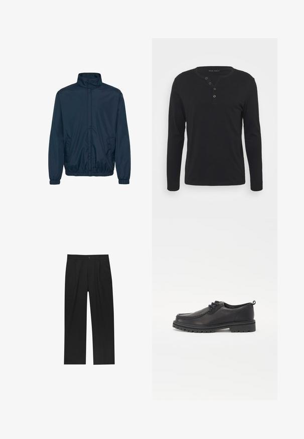 Marineblauwe windbreakerjas met een hoge kraag, elastische boorden en twee zijzakken, gemaakt van een gladde, lichte stof.; Zwart lange mouwen henley shirt van zachte stof, met een knoopsluiting, ronde halslijn en aansluitende mouwen.; Zwarte broeken met een recht model, gemaakt van een gladde stof. Voorzien van een voorplooien en een enkele knoopsluiting bij de taille.; Zwarte leren schoenen met een ronde neus, textuurstiksels, een laag profiel ontwerp en een rubberen zool met diepe profielen voor grip.