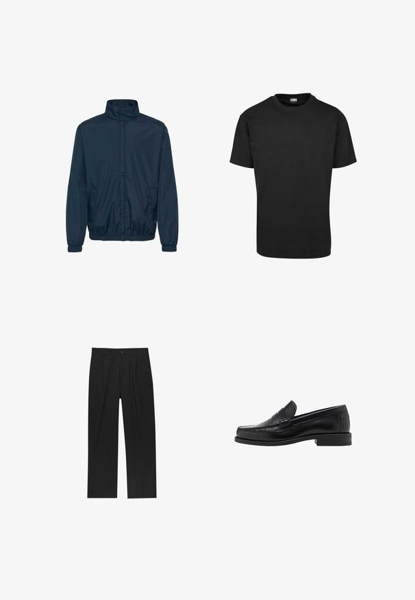 Námornícky modrý vetrovka s vysokým golierom, elastickými manžetami a dvoma bočnými vreckami s hladkou, ľahkou tkaninou.; Čierne bavlnené tričko s výstrihom do okrúhla, krátkymi rukávmi a rovný lem. Hladká textura; jednoduchý, nezdobený dizajn.; Čierne nohavice s rovnými nohavicami, vyrobené z hladkej tkaniny. Majú predné puky a jediné gombíkové zapínanie v páse.; Čierne kožené loafers s hladkým povrchom, prešívané detaily na špičke a nízky dizajn podpätku pre pohodlie a štýl.