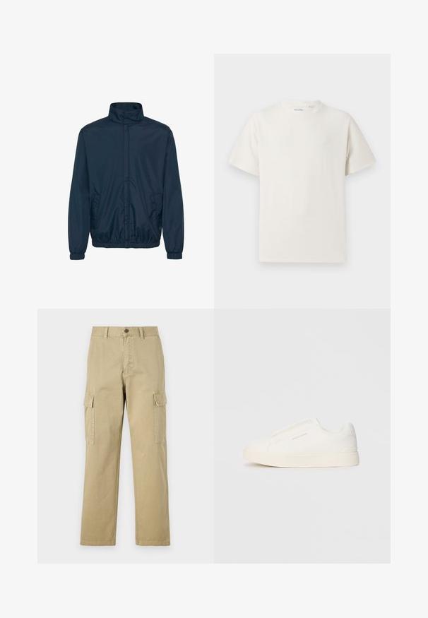 Marineblauwe windbreakerjas met een hoge kraag, elastische boorden en twee zijzakken, gemaakt van een gladde, lichte stof.; Witte korte mouwen T-shirt met ribbelstructuur. Ronde hals, ontspannen pasvorm, geen zichtbare patronen of accenten. Eenvoudig en veelzijdig ontwerp.; Beige cargobroek van katoen, met twee zijzakken, een knoopsluiting en rechte pijpen van een licht gestructureerde stof.; Witte instap sneakers met een gestructureerd oppervlak, een dikke zool en een minimalistisch ontwerp. Bevat het merklogo aan de zijkant.