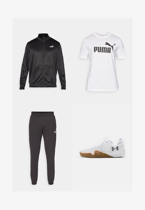Mustat vetoketjulliset takit, jotka on valmistettu sileästä, kiiltävästä kankaasta. Ominaisuuksiin kuuluvat korkea kaulus, kaksi etutaskua ja valkoinen Puma-logo vasemmassa rinnassa.; Valkoinen puuvillaitaide t-paita, jossa on suuri musta "PUMA" -logo ja musta hyppivä kissa -grafiikka vasemmalla puolella. Lyhyet hihat, pyöreä kaula-aukko.; Tummanharmaat collegehousut, joissa on elastinen vyötärö, kapenevat lahkeet ja pieni valkoinen Puma-logo vasemmassa reidessä. Pehmeää puuvillasekoitekangasta.; Valkoiset urheilukengät, joissa on verkkopinta, kumipohja gumminvärisenä, tekstiiliset yksityiskohdat ja musta logo sivussa.