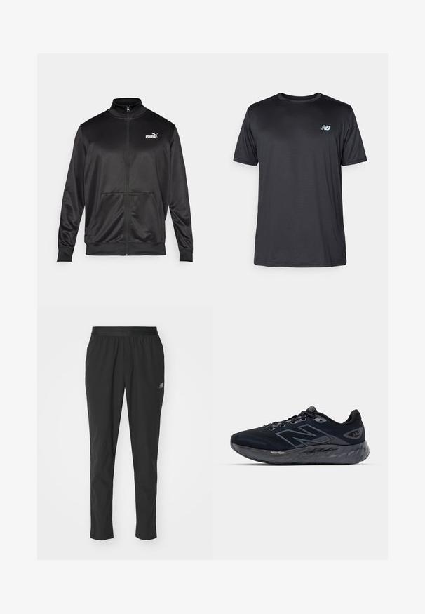 Black zip-up jacket made of smooth, shiny fabric. Features a high collar, two front pockets, and a white Puma logo on the left chest.; New Balance Sports T-shirt - black; Black athletic pants made of lightweight material with an elastic waistband, tapered design, and subtle logo detail on the side.; Men's running shoes in black mesh with a thick gray sole, circular texture, and reflective accents. Features "New Balance" logo on the side.