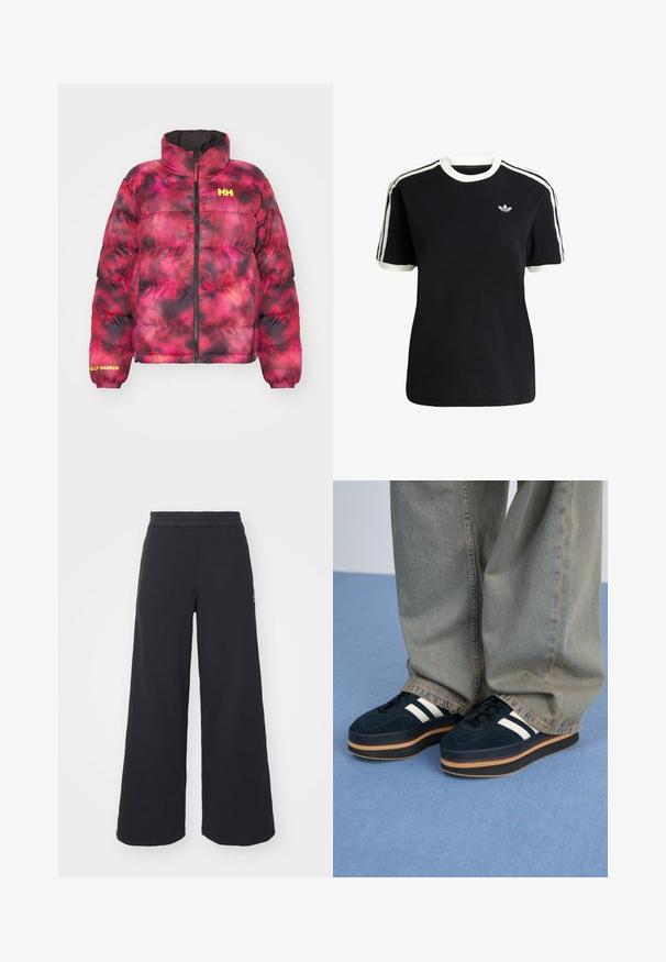 Giacca a vento in motivo tie-dye rosa e nero con colletto alto, zip frontale e polsini elasticizzati. Presenta il logo "Helly Hansen" in giallo.; T-shirt nera in cotone con accenti bianchi sul collo e sulle maniche, caratterizzata da tre strisce bianche su ciascun spalla e un piccolo logo sul petto.; Pantaloni felpati neri a gamba larga realizzati in tessuto morbido, con un elastico in vita e un piccolo logo sul lato sinistro.; Sneakers platform in suede blu scuro con strisce bianche e lacci neri. Presentano una spessa suola in gomma marrone. Indossati con pantaloni di jeans azzurri.