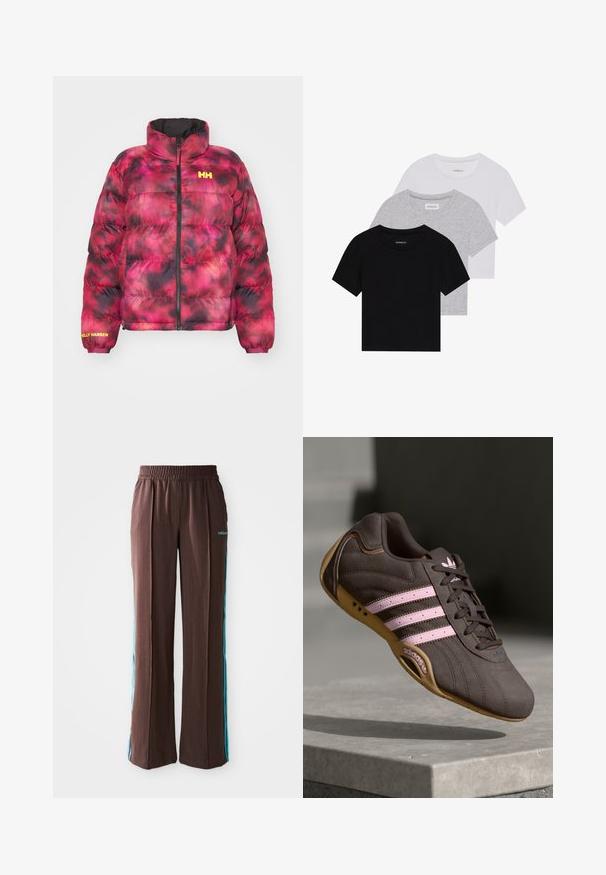 Pufferjack in een roze en zwarte tie-dye patroon met een hoge kraag, een ritssluiting aan de voorkant en elastische manchetten. Bevat het "Helly Hansen" logo in het geel.; Set van drie korte mouwen t-shirts in zwart, grijs en wit. Gemaakt van katoen, met een ronde hals en een eenvoudig, effen kleurontwerp.; Bruine sportbroek met een ribbelstructuur, elastische tailleband en turquoise zijstrepen. Voorzien van het adidas-logo aan de voorkant.; Bruine suède sport schoen met roze strepen en logo, voorzien van een gestructureerde bovenkant, vetersluiting en een gumrubberen zool.