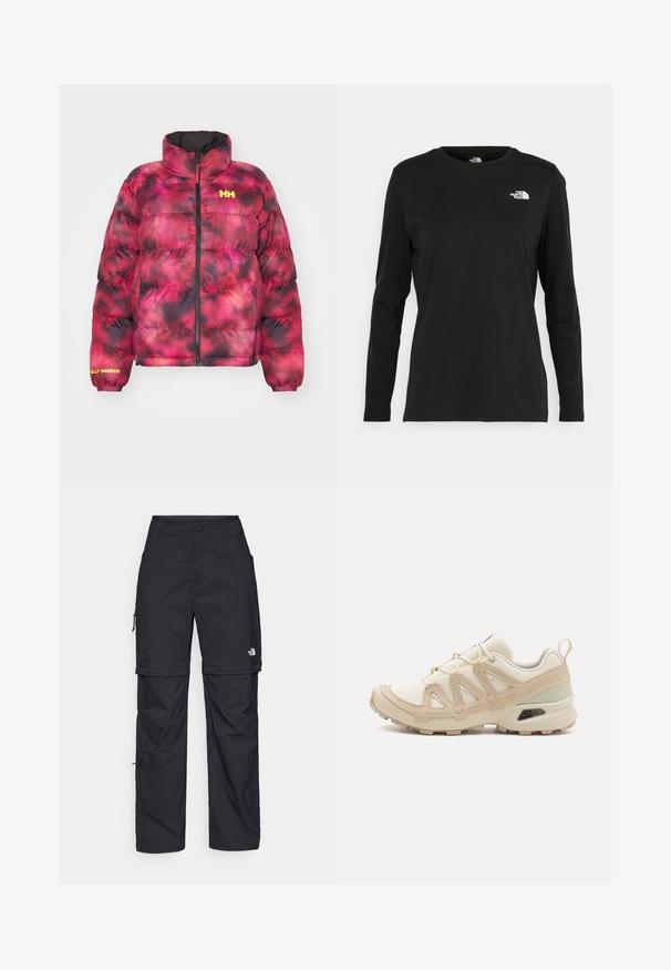 Puffjacke im pinken und schwarzen Batikmuster mit hohem Kragen, Frontreißverschluss und elastischen Bündchen. Merkmale das "Helly Hansen"-Logo in Gelb.; Schwarzes Langarm-T-Shirt aus Baumwolle mit Rundhalsausschnitt. Verfügt über ein kleines weißes Logo auf der linken Brustseite. Einfaches Design und Passform.; Schwarze Nylon-Zip-Off-Cargohosen mit verstellbaren Bündchen, mehreren Taschen und einem Logo am rechten Bein. Glatte, leichte Textur.; Beige und cremefarbenen Sportschuh mit strukturiertem Mesh-Obermaterial, unterstützenden Überzügen und Gummisohle mit einem Profilmuster für Bodenhaftung.