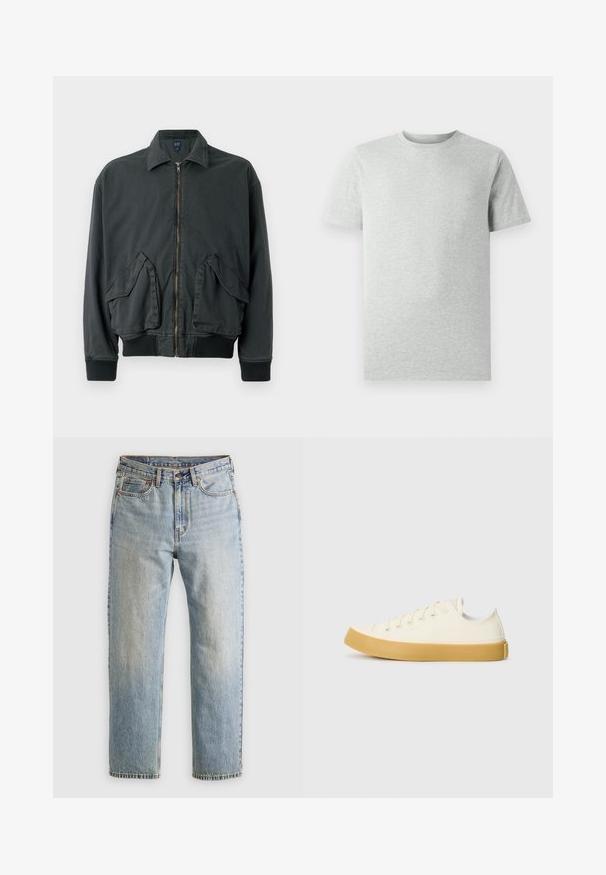 Musta pommikindel jakk, millel on lukuga esikülg, kaks suurt küljetaskut, soonikkoes varrukad ja krae. Valmistatud vastupidavast kangast, millel on sile tekstuur.; Ühtlane heledahall lühikeste varrukatega ümmarguse kaelusega T-särk, esiplaanil, valge tausta ees, ilma nähtavate logode või kujunditeta.; Heledad hele sinine teksapükste kõrge vöökoht, ees nupuga, lukuga ja viie taskuga disain, asetatud tasasele neutraalsele taustale.; Kangasneakerid kreemjas valges, ümmarguse varbaga, beeži kummitaldaga ja viie silmaga paelte jaoks, tekstuurse viimistlusega ülaserv.