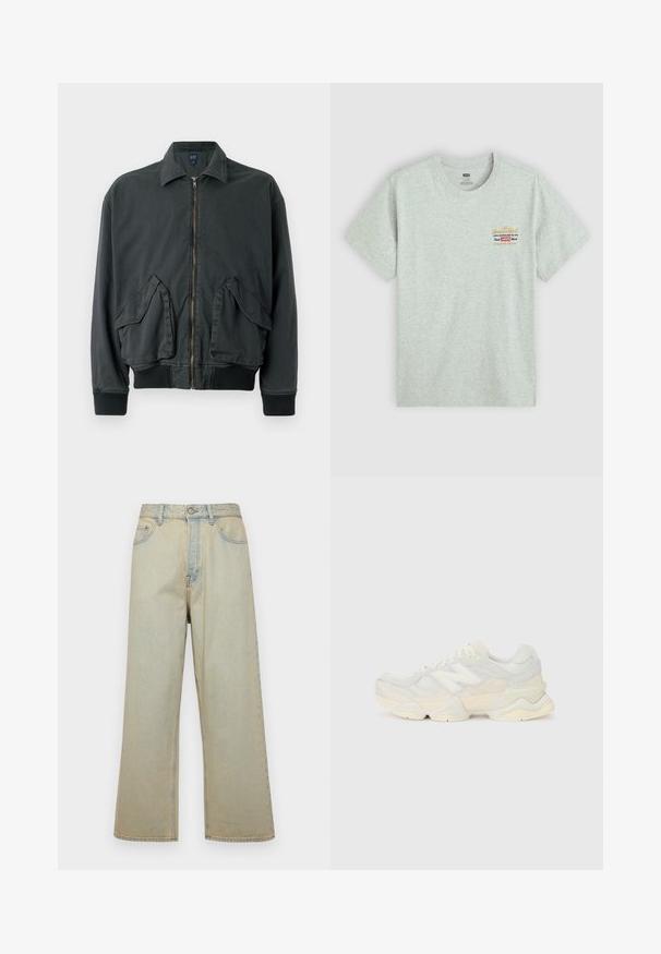 Svart bomberjakke med glidelås foran, to store sidelommer, ribbestrikkede mansjetter og krage. Laget av slitesterkt stoff med en glatt tekstur.; Grå bomulls t-skjorte med korte ermer, rund hals, med flerfarget merke-logo trykk på øvre venstre side. Glatt tekstur.; Lyseblå vide jeans laget av denim med en falmet finish. Har fem lommer og en frontlukking med knapp.; Lett sneaker med en overdel i mesh og semsket skinn i myke kremtoner, med en kraftig såle og tredimensjonale detaljer.