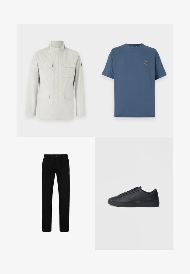 Jachetă de lungime medie, de culoare deschisă, cu guler în picioare, închidere cu fermoar pe față și patru buzunare aplicate. Material neted, rezistent la apă.; Tricou din bumbac albastru cu guler clasic de tip crew, mâneci scurte, croială lejeră și două mici logo-uri imprimate pe piept. Textură netedă.; Pantaloni negri din bumbac cu o croială dreaptă, având sistem de închidere cu nasture, curea și un design minimalist. Textură netedă, fără modele.; Adidași negri din piele netedă, cu un design low-top, vârf rotund și talpă plată din cauciuc. Au șireturi și un branding subtil.
