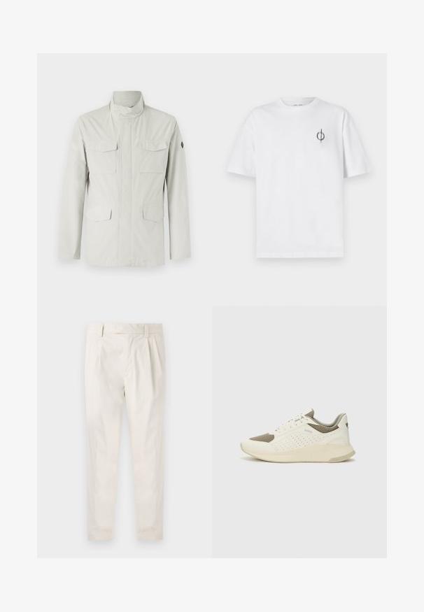 Light-colored, mid-length jacket featuring a stand collar, front zip closure, and four patch pockets. Smooth, water-resistant fabric.; White cotton t-shirt with a relaxed fit, featuring a small black graphic logo on the left chest area. Short sleeves, crew neck style.; White, pleated trousers with a tailored fit, featuring a smooth texture, belt loops, and tapered legs. No visible pockets or patterns.; White and light beige athletic sneaker, featuring a mesh upper, perforated detailing, and a textured midsole with branding on the heel.