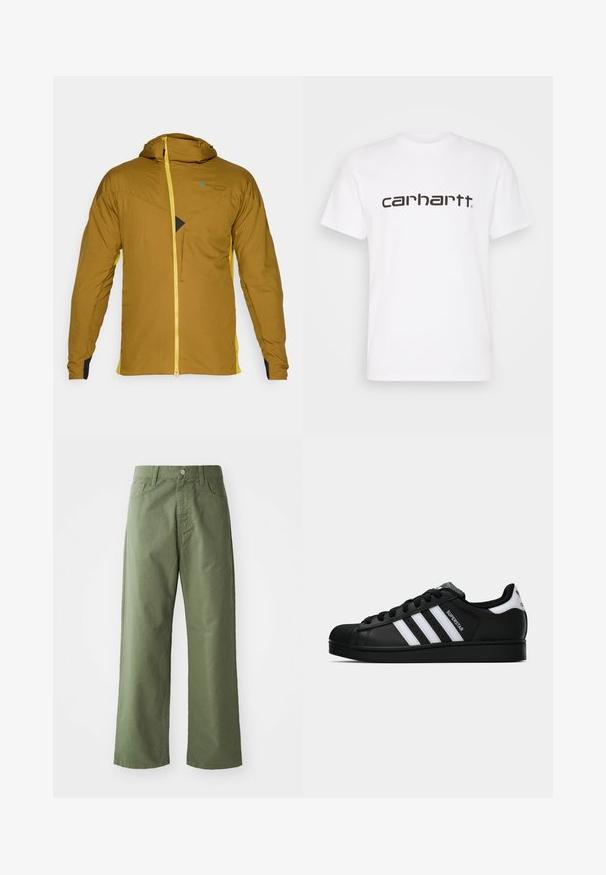 Giubbotto marrone con cappuccio, dotato di zipper gialla e accenti laterali, caratterizzato da un tessuto testurizzato, tasca frontale con zip e un distintivo dettaglio di design triangolare.; T-shirt bianca in cotone con maniche corte e scollatura rotonda. Presenta un grande logo "Carhartt" in marrone scuro sul petto.; Pantaloni larghi verde oliva realizzati in cotone. Presentano passanti per cintura, chiusura con bottone frontale e tasche laterali. Texture liscia.; Sneaker nera Adidas Superstar con strisce bianche, punta a conchiglia e testo "Superstar" su un lato, mostrata in profilo laterale su sfondo bianco.