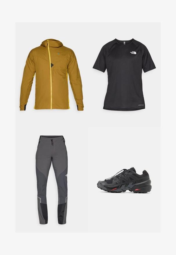 Barna kapucnis dzseki sárga cipzárral és oldalán díszítéssel, textúrált anyagból, elülső cipzáras zsebbel és jellegzetes háromszög mintázattal.; Fekete, rövid ujjú sportpóló struktúrált anyagból, bal mellen fehér logóval és egyenes aljjal.; Szürke túranadrág, amely tapered dizájnt, több zsebet és kontrasztos sötétszürke és fekete éleket tartalmaz. Rugalmas, tartós anyagból készült.; Fekete futócipő szintetikus felsőrésszel, textúrázott dizájnnal és kontrasztos piros kiegészítőkkel. Biztosított fűzőrendszerrel és robosztus talppal rendelkezik.