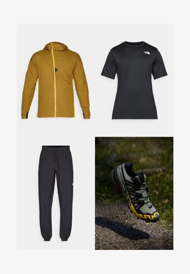 Pruun kapuutsiga jope, millel on kollane tõmblukk ja külgaktsendid, tekstureeritud kangast, ees tõmblukuga tasku ja silmapaistev kolmnurkne disainielement.; Must räpaseda must t-särk, mis on valmistatud kerge, niiskust eemal hoidvast kangast. Vasakul rinnal on valge logo ja ümar kaelus.; Mustavad sportlikud püksid, mis on valmistatud kergest kangast, joonlauaga taljest, küljetaskudega ja kitsenevate varrukatega pahkluude juures.; Salomoni matma jooksmise kingad tuhmi halli värviga ja erksate kollaste aktsentidega. Omab tekstuuri, kindlat sidumis süsteemi ja polsterdatud krae.