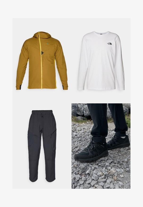 Brown hooded jacket with yellow zipper and side accents, featuring a textured fabric, front zip pocket, and a distinct triangular design detail.; White long-sleeve T-shirt made of cotton with a crew neck. Features a small black logo on the chest. Smooth texture, regular fit.; Black cargo pants made from a lightweight, water-resistant material; features elastic waistband, multiple zippered pockets, and tapered legs.; Black outdoor shoes with mesh and synthetic material, featuring a textured upper, secured lacing system, and a rugged outsole, on rocky terrain.