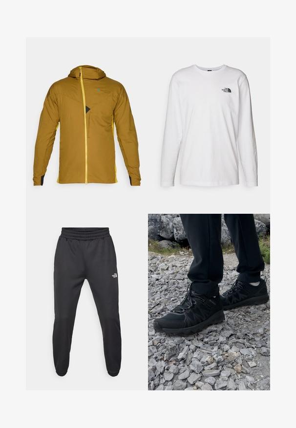 Giubbotto marrone con cappuccio, dotato di zipper gialla e accenti laterali, caratterizzato da un tessuto testurizzato, tasca frontale con zip e un distintivo dettaglio di design triangolare.; T-shirt bianco a maniche lunghe in cotone con colletto rotondo. Presenta un piccolo logo nero sul petto. Texture liscia, vestibilità regolare.; Pantaloni sportivi neri con vita regolabile tramitecordino, vestibilità affusolata, polsini elasticizzati e un piccolo logo bianco sulla coscia sinistra, realizzati in tessuto morbido.; Scarpe da esterni nere realizzate in mesh e materiale sintetico, con una parte superiore testurizzata, un sistema di allacciatura sicuro e una suola robusta, su terreno roccioso.