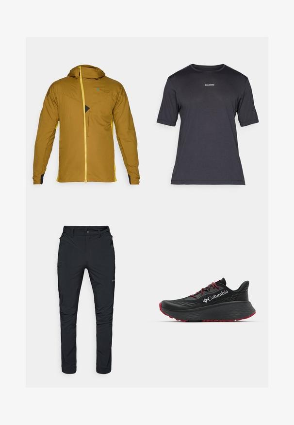 Svetlo rjavi plašč s kapuco z rumenim zadrgo in stranskimi detajli, ki ima teksturirano tkanino, sprednji žep z zadrgo in izrazito trikotno obliko.; Črna kratkosrajčna performančna majica iz dihalnega blaga, s krožno izrezom in majhnim belim logotipom "SALOMON" na prsih.; Črne zunanje hlače s ravnim krojem, opremljene z žepi na zadrgo, zankami za pas in lahkotno, trpežno teksturo tkanine.; Črne atletske čevlje s teksturiranim zgornjim delom, rdečimi vezalkami in logotipom. Debel podplat s patternom za boljši oprijem. Minimalistična zasnova, stranski pogled.