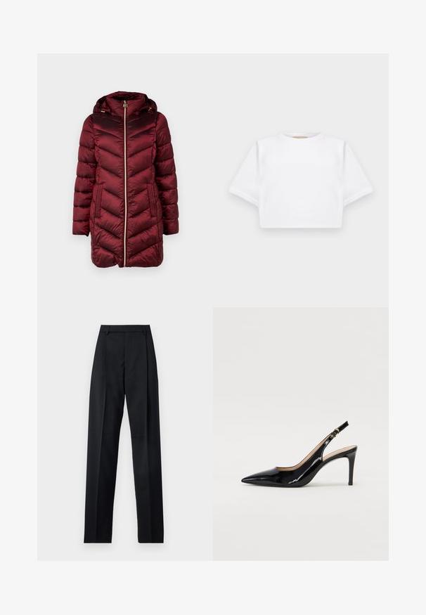 MICHAEL Michael Kors HOODED LONGLINE CHEVRON - Winter coat - dark red; Cropped white t-shirt made of soft fabric, featuring short sleeves, a round neckline, and ribbed hem details. Simple and unembellished design.; Black trousers made from smooth fabric featuring a high waist, wide legs, front pleats, and classic belt loops. No side pockets visible.; Black patent leather slingback pump with pointed toe, slim heel, and a subtle cutout design. Features a gold buckle on the strap.
