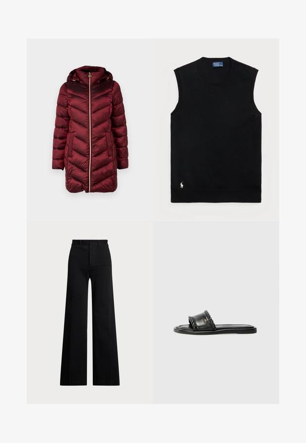 MICHAEL Michael Kors HOODED LONGLINE CHEVRON - Winter coat - dark red; Black sleeveless cotton sweater with a round neckline. Features a small white logo on the lower left corner and ribbed trim.; Black wide-leg pants made of woven fabric, featuring a high waist, front button closure, and side pockets. Smooth texture with clean lines.; Black leather sandal with a woven strap detail, flat sole, and a sleek design. Smooth texture and minimalistic profile.