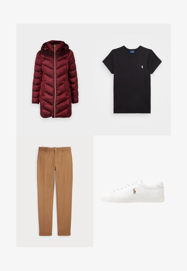 MICHAEL Michael Kors HOODED LONGLINE CHEVRON - Wintermantel - dark red; Schwarzes Baumwoll-T-Shirt mit Rundhalsausschnitt, kurzen Ärmeln und einem weißen gestickten Logo auf der linken Brust. Glatte Textur, lässiges Design.; Braune Baumwollhosen mit schmalem Schnitt, flachem Vorderteil und Standardtaschen; glatte Textur und abgeschnittene Säume.; Weiße Leder-Sneaker, niedrig geschnitten, mit glatter Textur, runder Zehenpartie, Schnür vorne und kleinem gesticktem Logo an der Seite.