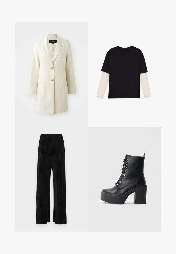 Kremfarget ullblandingsfrakk med notched krage, to frontlommer og tre knapper. Har en strukturert form og glatt tekstur.; Svart T-skjorte laget av bomull, med korte ermer over et hvitt langermet lag med en subtil teksturert mønster. Rund hals design.; Sorte plisserte bukser med elastisk midje. Har vide ben og et glatt, strukturert stoff med vertikale striper.; Sorte læder ankelstøvle med en kraftig blokhæl, snøre foran og tekstureret overflade. Har en flap på bagsiden for nem påtagning.