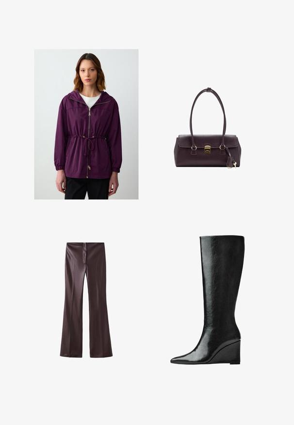 Paarse, lichtgewicht jas met capuchon, elastische taille en trekkoord. Voorzien van een ritssluiting aan de voorkant en twee zijzakken. Glad textuur.; Lichtblauw, lange mouwen, gebreide trui met een brede ronde halslijn, eenvoudig stijl, en ribgebreide manchetten en onderrand.; Bruine flared pants van een gladde stof met een strakke afwerking. Bevat een rits aan de voorkant en een nette tailleband.; Kniehoge zwarte leren laarzen met een slanke, puntige neus en een wiggle heel. Het oppervlak is glad met een glanzende afwerking.; Bordeaux lederen handtas met een gestructureerd ontwerp, korte handvatten, een gouden rechthoekige sluiting en een afneembare kwastaccent.