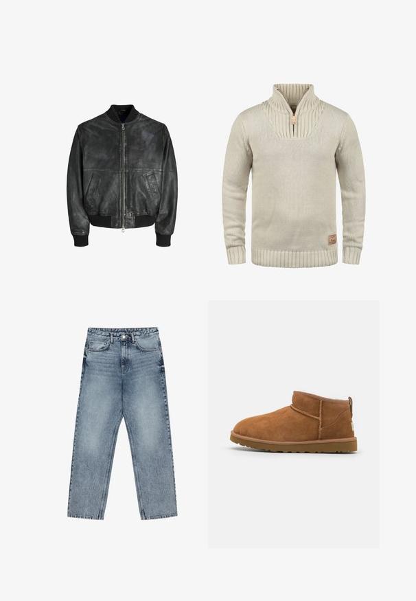 Zwarte leren bomberjack met een ritssluiting aan de voorkant, ribbelboorden en -zoom, zijzakken en een gladde, licht gestructureerde oppervlakte.; Beige gebreide trui met een half-rits kraag, geribbelde manchetten en zoom. Heeft een gestructureerd patroon op de kraag en een klein logo op het patch.; Lichtblauwe denim jeans met een rechte pijp, zichtbare stiksels, vijf zakken en een knoopsluiting in de taille.; Tan suède enkellaars met een ronde neus, subtiele stiksels en een gestructureerde rubberen zool. Korte hoogte zonder veters.