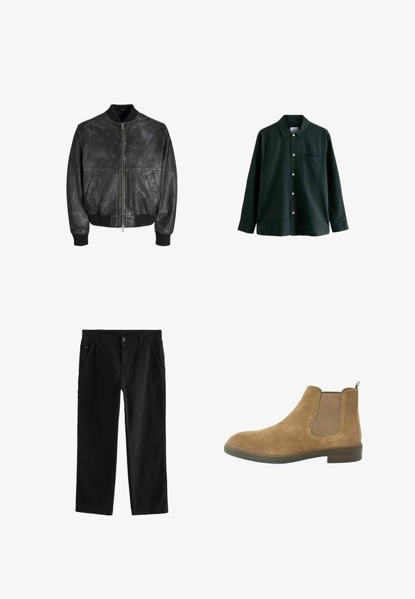 Schwarze Leder-Bomberjacke mit Reißverschluss vorne, gerippten Bündchen und Saum, Seitentaschen und einer glatten, leicht strukturierten Oberfläche.; Dunkelgrünes Hemd mit Knöpfen, einem Kragen, langen Ärmeln und einer einzelnen Brusttasche; verfügt über weiße Knöpfe und eine weiche Textur.; Schwarze Baumwollhose mit geradem Bein, ausgestattet mit einem vorderen Knopfverschluss, schrägen Seitentaschen und dezenten Nähten.; Wildleder Chelsea-Stiefel in Tan mit elastischen Seitenpaneelen, runder Zehenform und einem Anziehschlaufen; robuste Gummisohle und strukturierte Stoffakzente.