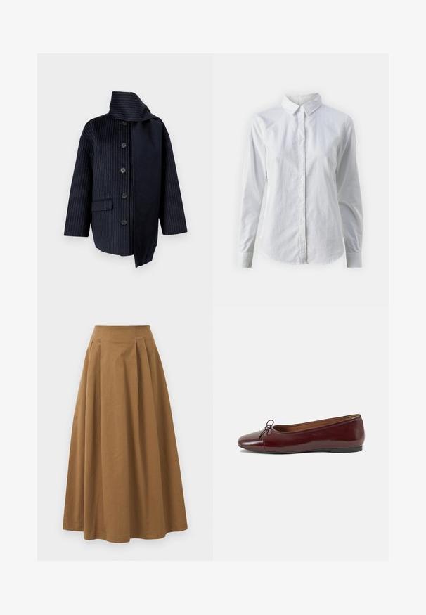 Navy coat featuring vertical pinstripes, a high collar, seven buttons, one pocket, and contrasting fabric on one side. Made of textured material.; White button-up shirt made of smooth cotton, featuring a classic collar, long sleeves, and a curved hem. Buttons are small and white.; Brown cotton A-line skirt with a high waist, featuring pleats down the front and a smooth texture. Hem finishes are clean and simple.; Burgundy patent leather ballet flat with a rounded toe, small bow accent at the front, and a low, black rubber sole. Smooth texture.