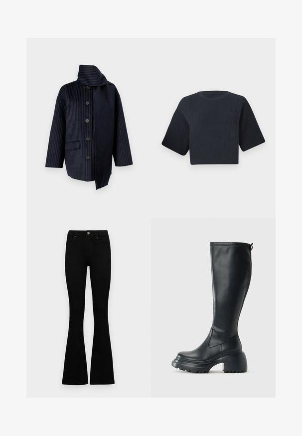 Tumesinine jakk, millel on vertikaalsed triibud, kõrge krae, seitse nuppu, üks tasku ja kontrastne kangas ühelt küljelt. Valmistatud tekstuursest materjalist.; Tume mere värvitud lühike kudumipee, millel on soonikkoes tekstuur, lühikesed laiad varrukad ja ümmargune kaelus. Lihtne disain, nähtavaid mustreid ega aktsente pole.; Mustad kõrge vöökohtadega teksad, millel on nööp ja lukuga sulgemine, esikäe taskud ja laienevad sääred, asetatud tasasele valgele taustale.; Kõrge must nahksaapad, millel on massiivne platvormi tald ja blokk-kand, varustatud tõmbenööriga ja tekstuuriga väljatõmbejääk.