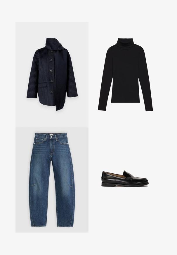 Navy coat featuring vertical pinstripes, a high collar, seven buttons, one pocket, and contrasting fabric on one side. Made of textured material.; Black turtleneck long-sleeve top, made of ribbed fabric, features a fitted design with a high neckline and no patterns or accents.; Dark blue denim jeans with a straight-leg design, featuring front pockets, contrast stitching, and a subtle faded texture on the legs.; Black leather loafer with a rounded toe, slip-on design, and subtle stitching details along the upper. Flat rubber sole.