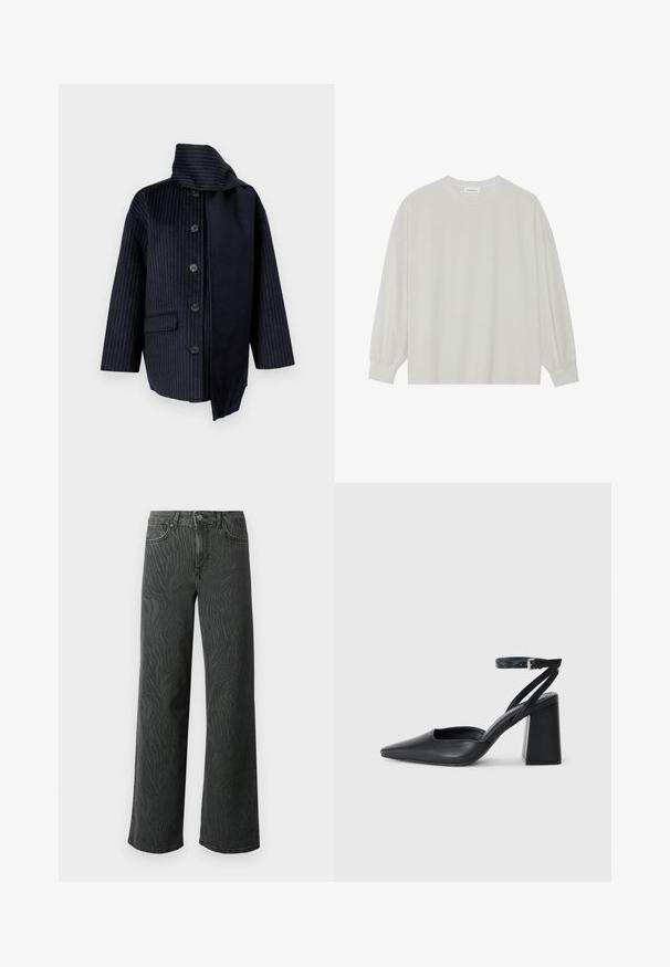 Marinejasje met verticale streepjes, een hoge kraag, zeven knopen, één zak en contrasterende stof aan één kant. Gemaakt van een textuurmateriaal.; Lichtgrijze langarm t-shirt van zacht katoen. Heeft een losse pasvorm, ronde halslijn en zachtGathered manchetten. Geen patronen of graphics.; Brede pijpen jeans in donkergrijs denim, met een subtiele zebra-structuur, contrasterende stiksels en een vijf-pocket ontwerp met een knoopsluiting.; Zwarte leren puntige pump met een enkelbandje en een chunky hak. Vlakke textuur, strakke vormgeving en minimalistische esthetiek.
