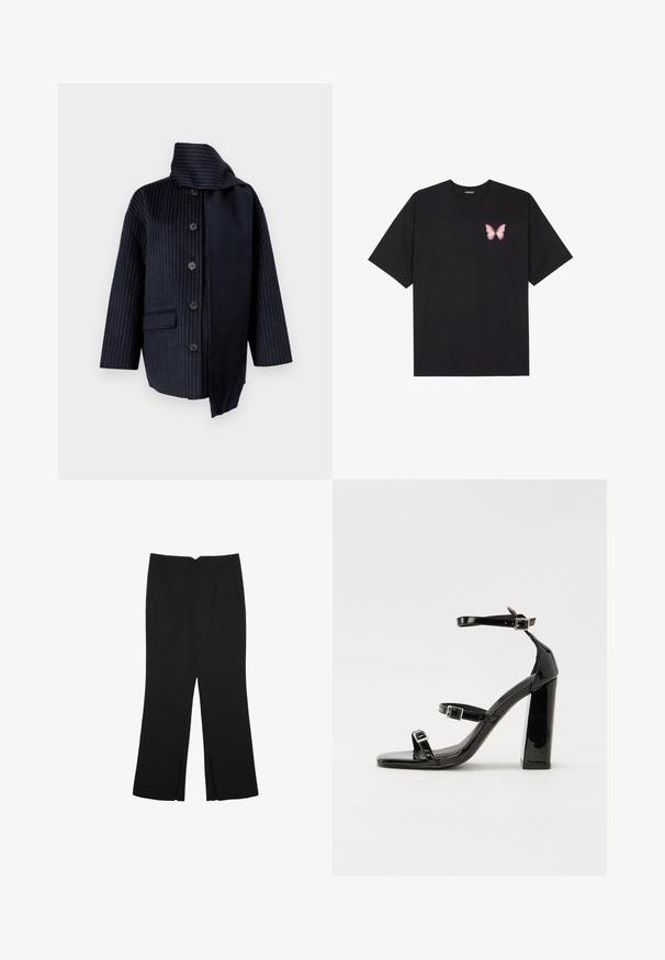 Cappotto navy con righe verticali, colletto alto, sette bottoni, una tasca e tessuto a contrasto su un lato. Realizzato in materiale testurizzato.; T-shirt nera in cotone con maniche corte, caratterizzata da una piccola grafica di una farfalla rosa sul lato sinistro del petto. Design a girocollo con una vestibilità rilassata.; Pantaloni neri a gamba dritta, con tasche frontali e spacchi laterali all'orlo. Realizzati in tessuto morbido e liscio. Adatti a diverse occasioni.; Sandali con tacco alto in vernice nera con due cinturini con fibbia, punta quadrata e tacco spesso a blocco, caratterizzati da una texture liscia e lucida.