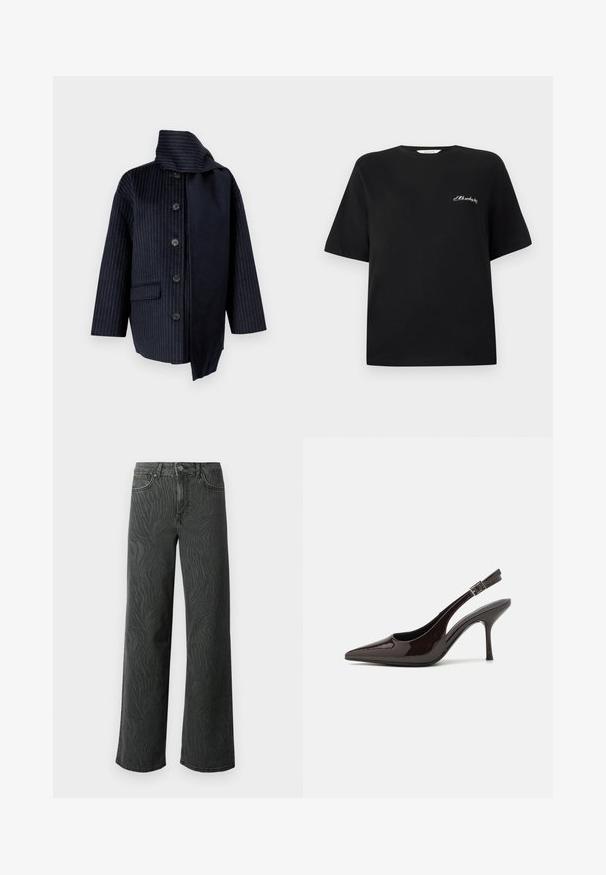 Námornícky kabát s vertikálnymi pásikmi, vysokým golierom, siedmimi gombíkmi, jednou vreckom a kontrastnou látkou na jednej strane. Vyrobený z textúrovanej látky.; Čierne bavlnené tričko s krátkym rukávom a okrúhlym výstrihom. Obsahuje biele vyšívané písmo v oblasti ľavej hrude. Hladká textúra.; Džínsy so širokými nohavicami v tmavošedej denime, s jemnou textúrou v zebrovom vzore, kontrastným prešívaním a dizajnom s piatimi vreckami a gombíkovým zapínaním.; Slingback vysoké opätky v lesklej tmavohnedej lakovej koži, so špicatou špičkou, otvorenými stranami a nastaviteľným remienkom na členku.