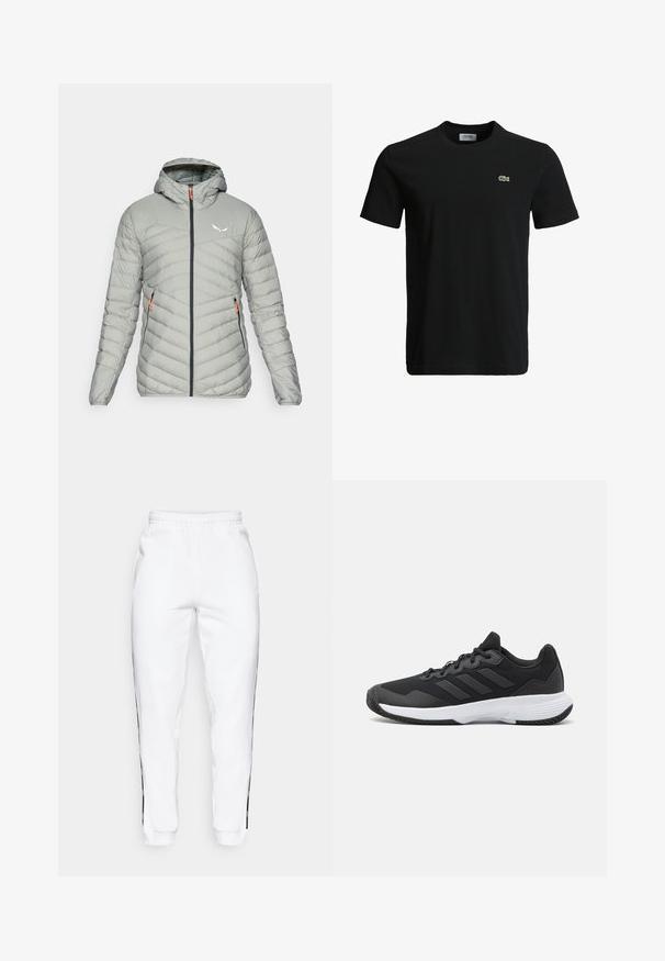 Salewa BRENTA - Jachetă cu puf - shadow; Tricou din bumbac negru cu guler rotund, mâneci scurte și un mic logo verde de crocodil pe partea stângă a pieptului. Textură netedă, design casual.; Pantaloni de trening albi cu talie elastică, având dungi laterale negre și manșete. Realizați dintr-un material moale cu o textură netedă.; Pantofii sport negri au un material superior texturat, trei dungi orizontale și o talpă albă cu un profil căptușit. Au un design ușor și aerodinamic.