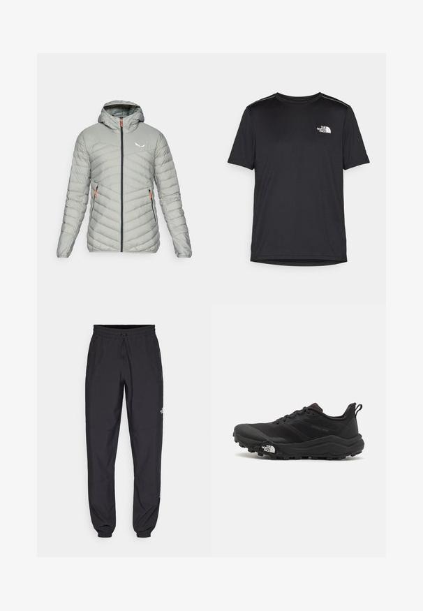 Salewa BRENTA - Dunjacka - shadow; Svart kortärmad T-shirt i lättviktig tyg. Har en liten vit logotyp på vänster bröst och subtila axeltoner.; Svarta träningsbyxor tillverkade av lättviktsmaterial, med dragsko i midjan, sidofickor och avsmalnande muddar vid anklarna.; Svart terränglöparsko med en strukturerad ovandel, gummisula och förstärkt tåhätta. Har en vadderad krage och en dragflik för enkel påtagning.