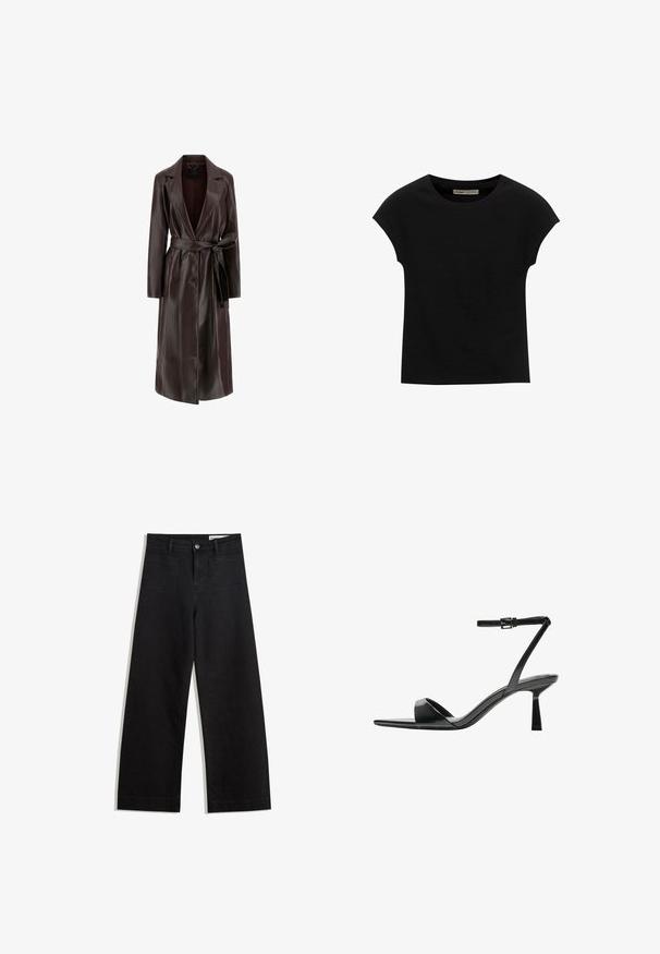 Guess Trench - marrone scuro; T-shirt noir à manches courtes en tissu doux, avec un col rond et une coupe décontractée, au toucher lisse et sans motifs.; Pantalon en denim noir à jambes larges avec une taille haute, comprenant des poches avant et arrière, des coutures piquées et une fermeture à bouton. Texture lisse.; Bershka Sandales à talons hauts - black