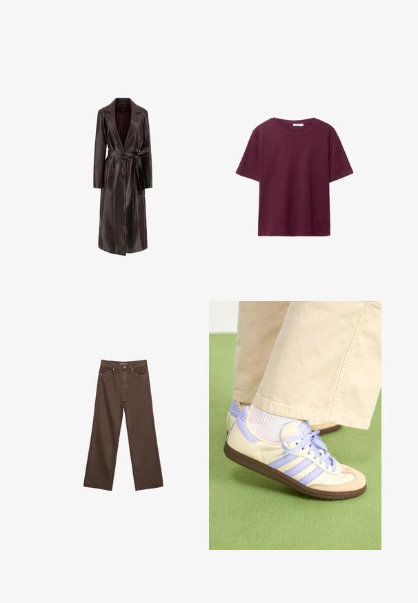 Guess Trenssi - marrone scuro; Burgundy lyhythihainen T-paita, joka on valmistettu pehmeästä puuvillasta. Siinä on klassinen pyöreä kaula-aukko ja rento istuvuus. Yksinkertainen pinta, ei kuvioita tai koristeita.; Leviittävät ruskeat farkut, jotka on valmistettu denimistä, korkea vyötärö, etutaskut ja klassinen nappikiinnitys. Silkkinen pinta hienovaraisella ompelutyöllä.; Kermasilta ja laventelilta näyttävät lenkkarit kolmella raidalla ja teksturoidulla ruskealla pohjalla, varustettuna nauhoilla ja pehmustetulla kantapäällä. Pehmeä kangaspinta.